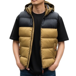 Ανδρικό Puffer Γιλέκο Καφέ–Μαύρο με αποσπώμενη Κουκούλα.