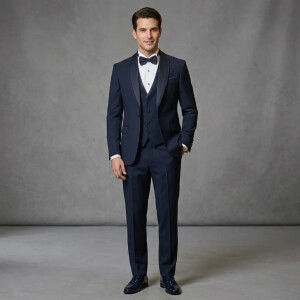 Ανδρικό Σμόκιν Κοστούμι Slim Fit 3 τεμαχίων – Σκούρο Μπλε με Σατέν Λεπτομέρειες