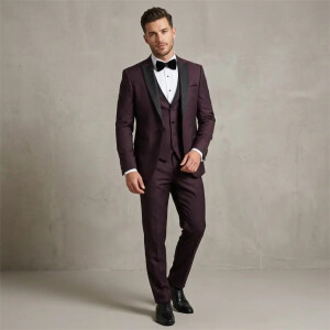 Ανδρικό Κοστούμι Slim Fit 3 Τεμαχίων - Deep Burgundy με Ανάγλυφο Μαύρο Πέτο