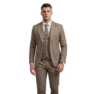 Ανδρικό Slim-Fit Τρισύνθετο Κοστούμι (3-Piece) σε Μπεζ-Καφέ Μελανζέ