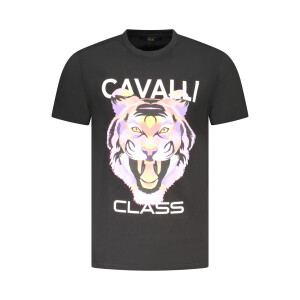 CAVALLI CLASS ανδρικό μαύρο T-shirt με κοντά μανίκια και λογότυπο